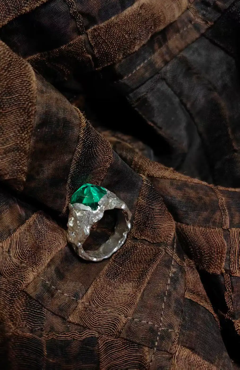 Green Stone Silver Ring On Fabric 1